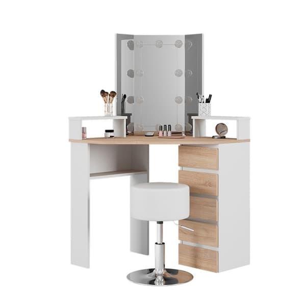 Vicco Tilda sminkbord, Vit/Sonoma, 113,3 cm med LED-belysning och pall