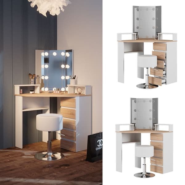 Vicco Tilda sminkbord, Vit/Sonoma, 113,3 cm med LED-belysning och pall