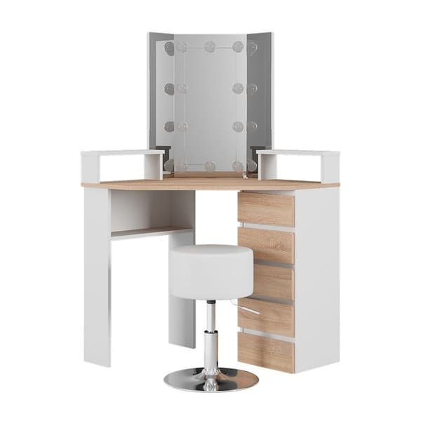 Vicco Tilda sminkbord, Vit/Sonoma, 113,3 cm med LED-belysning och pall