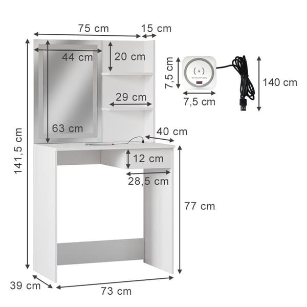 Vicco Dekos sminkbord, Vit, 75 cm med LED-spegel och QI laddstation