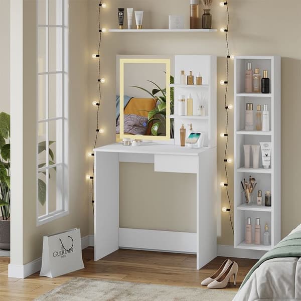 Vicco Dekos sminkbord, Vit, 75 cm med LED-spegel och QI laddstation