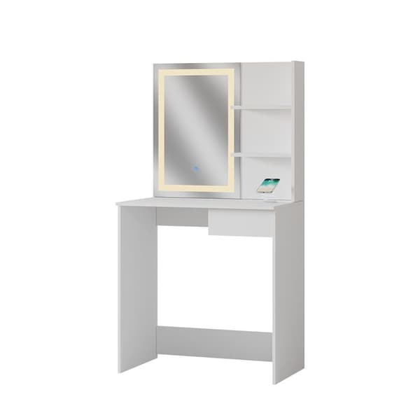 Vicco Dekos sminkbord, Vit, 75 cm med LED-spegel och QI laddstation