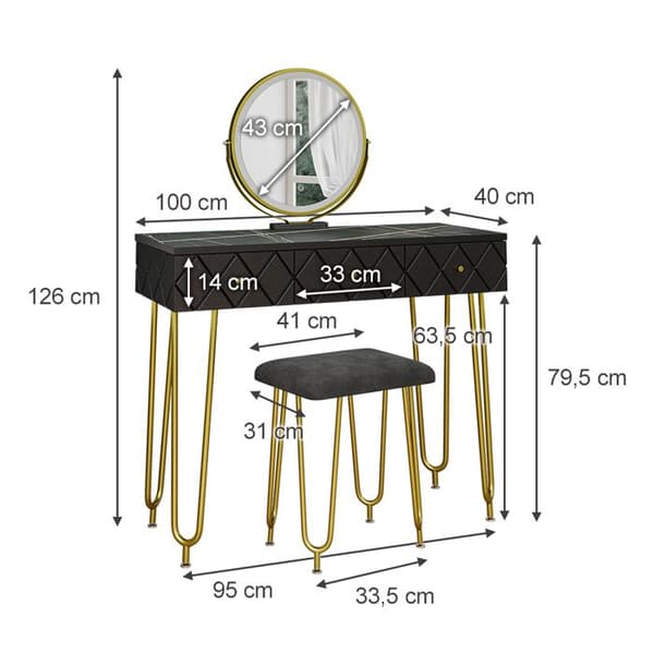 Vicco Mirabell sminkbord, marmor, 100 cm med LED-spegel och pall