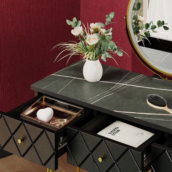 Vicco Mirabell sminkbord, marmor, 100 cm med LED-spegel och pall