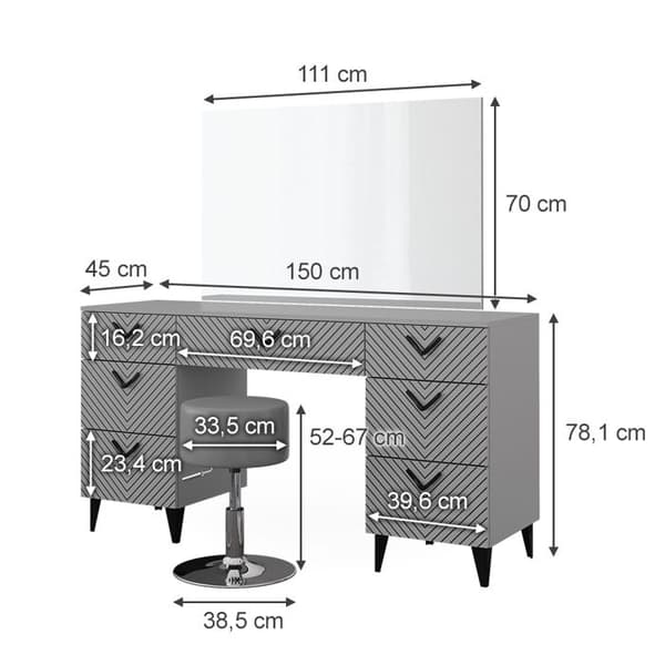 Vicco Anett sminkbord, Grå, 150 cm med pall
