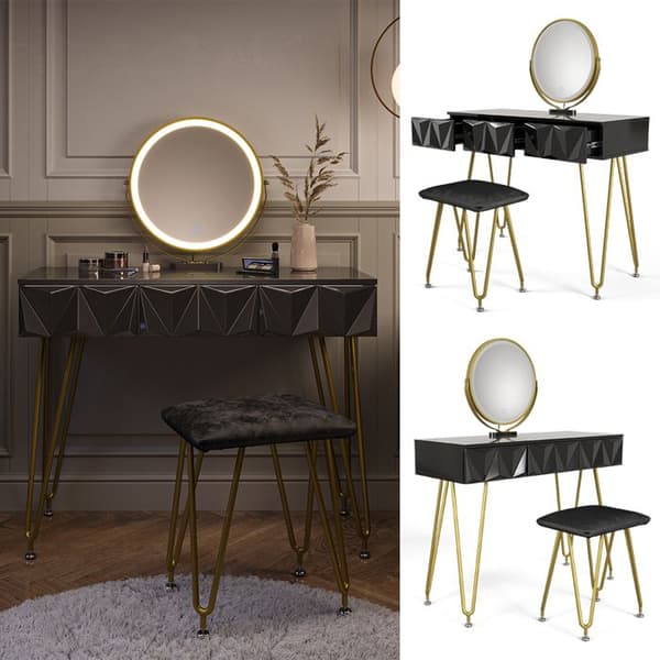 Vicco Ruby sminkbord, Högblank svart, 100 cm med LED-spegel och pall