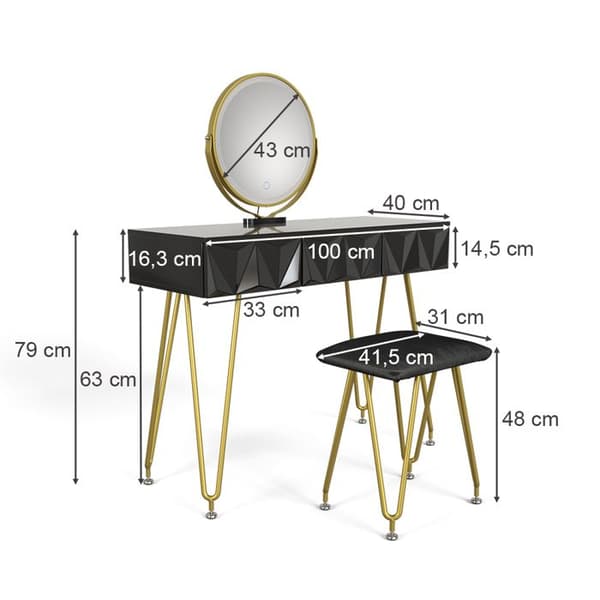 Vicco Ruby sminkbord, Högblank svart, 100 cm med LED-spegel och pall