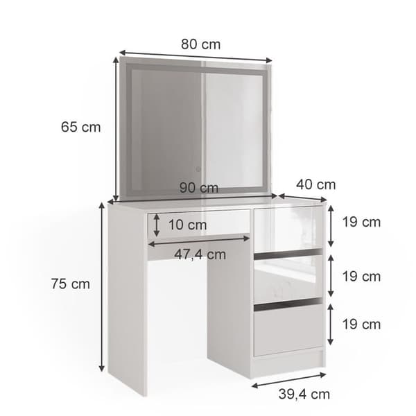 Vicco Sherry sminkbord, Högblank vit, 90 cm med LED-spegel