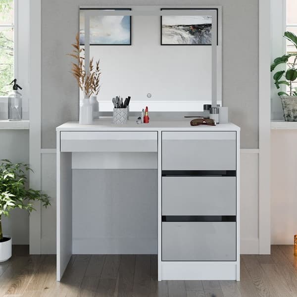 Vicco Sherry sminkbord, Högblank vit, 90 cm med LED-spegel