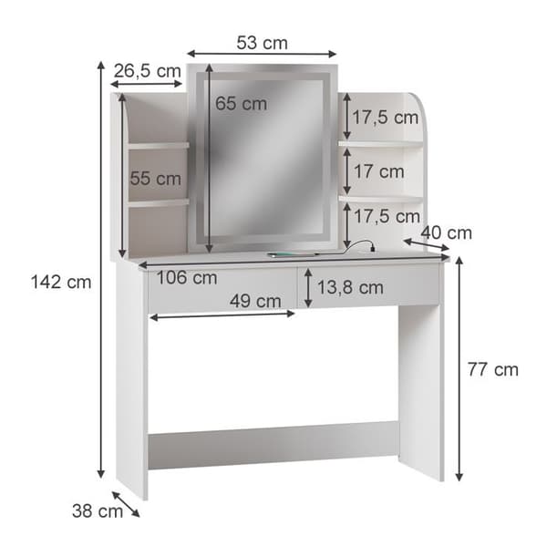 Vicco Charlotte Sminkbord, Vit, 106 cm med LED-spegel och QI laddstation