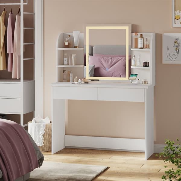 Vicco Charlotte Sminkbord, Vit, 106 cm med LED-spegel och QI laddstation