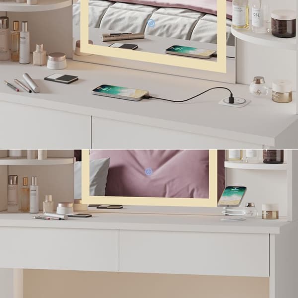 Vicco Charlotte Sminkbord, Vit, 106 cm med LED-spegel och QI laddstation