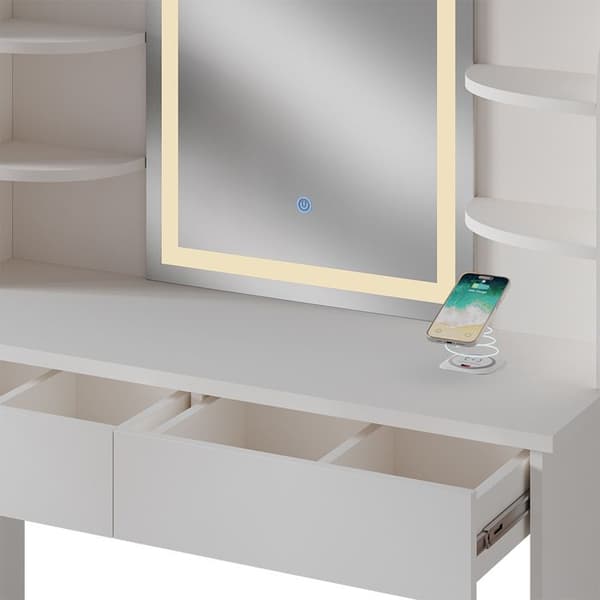 Vicco Charlotte Sminkbord, Vit, 106 cm med LED-spegel och QI laddstation