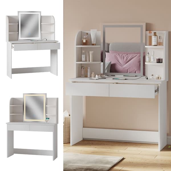 Vicco Charlotte Sminkbord, Vit, 106 cm med LED-spegel och QI laddstation