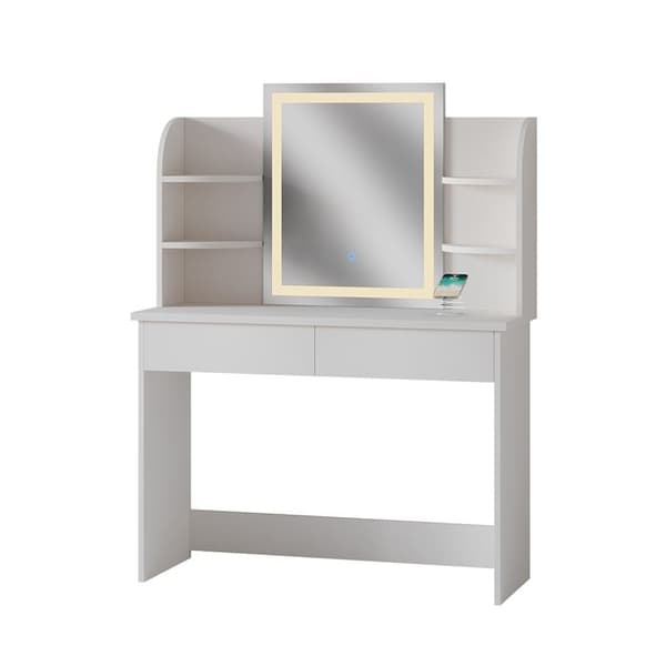 Vicco Charlotte Sminkbord, Vit, 106 cm med LED-spegel och QI laddstation