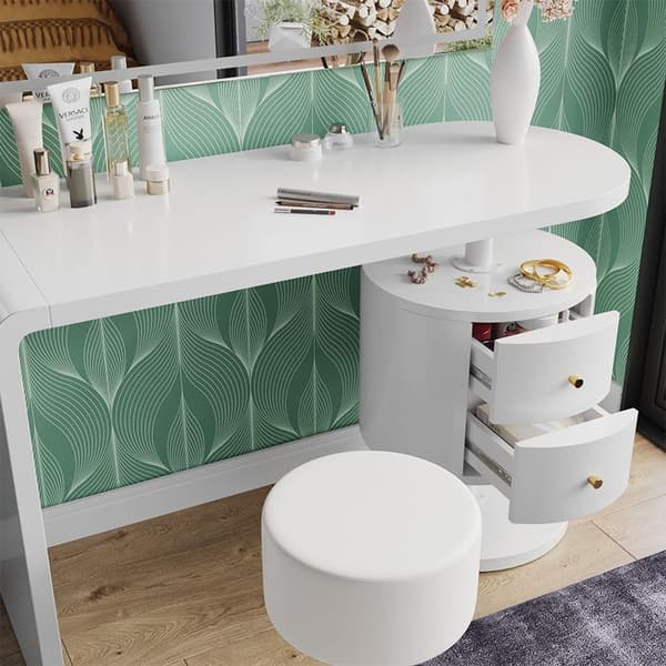 Vicco Lara sminkbord, Vit Högglans, 120 cm med LED-spegel och pall