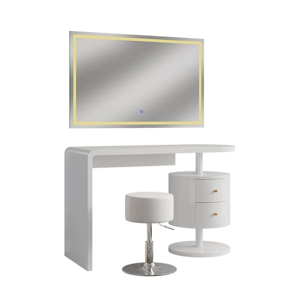 Vicco Lara sminkbord, Vit Högglans, 120 cm med LED-spegel och pall