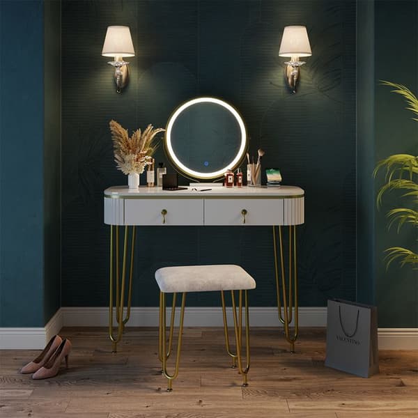 Vicco Grace Sminkbord, Vit, 100 cm med LED-spegel, QI-laddningsstation och pall
