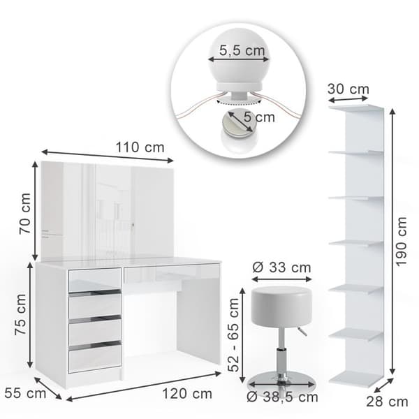 Vicco Sherry Sminkbord, vit högglans, 4 delar, med förvaringshylla, spegel, pall, LED