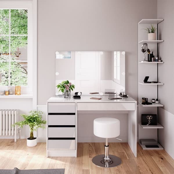 Vicco Sherry Sminkbord, vit högglans, 4 delar, med förvaringshylla, spegel, pall, LED