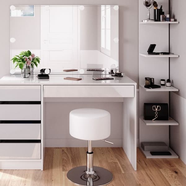 Vicco Sherry Sminkbord, vit högglans, 4 delar, med förvaringshylla, spegel, pall, LED