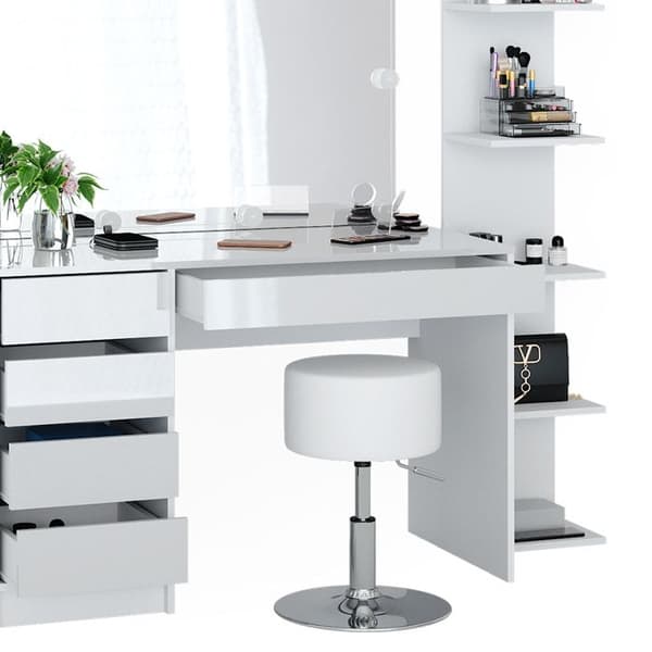 Vicco Sherry Sminkbord, vit högglans, 4 delar, med förvaringshylla, spegel, pall, LED