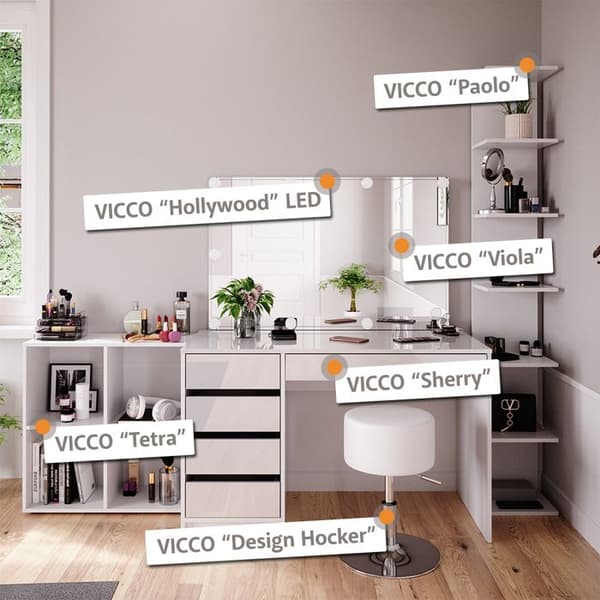 Vicco Sherry Sminkbord, vit högglans, 4 delar, med förvaringshylla, spegel, pall, LED