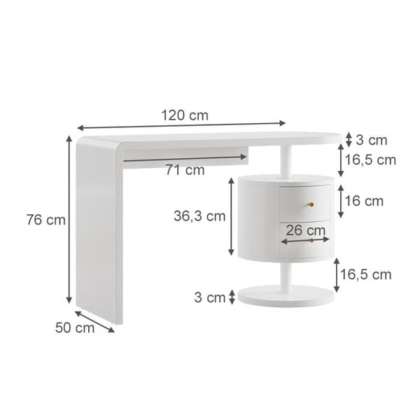 Vicco Lara Sminkbord, Vit Högglans, 120 cm med 2 lådor