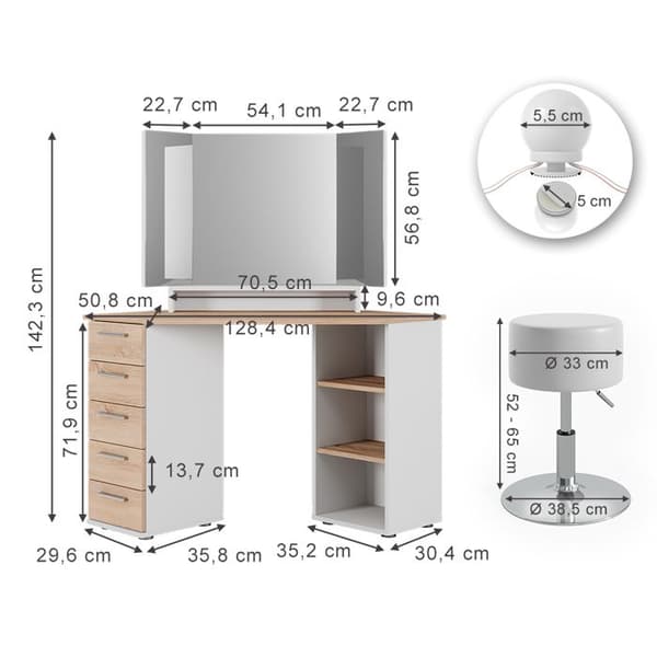 Vicco Sofia sminkbord, Vit/Sonoma, 128,4 cm med LED-belysning och pall