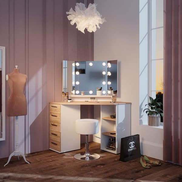 Vicco Sofia sminkbord, Vit/Sonoma, 128,4 cm med LED-belysning och pall