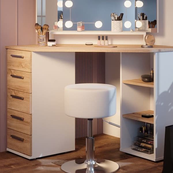 Vicco Sofia sminkbord, Vit/Sonoma, 128,4 cm med LED-belysning och pall