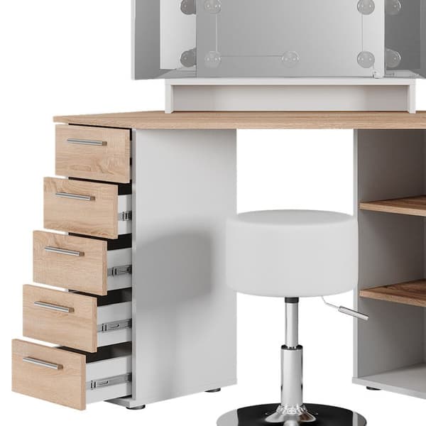 Vicco Sofia sminkbord, Vit/Sonoma, 128,4 cm med LED-belysning och pall
