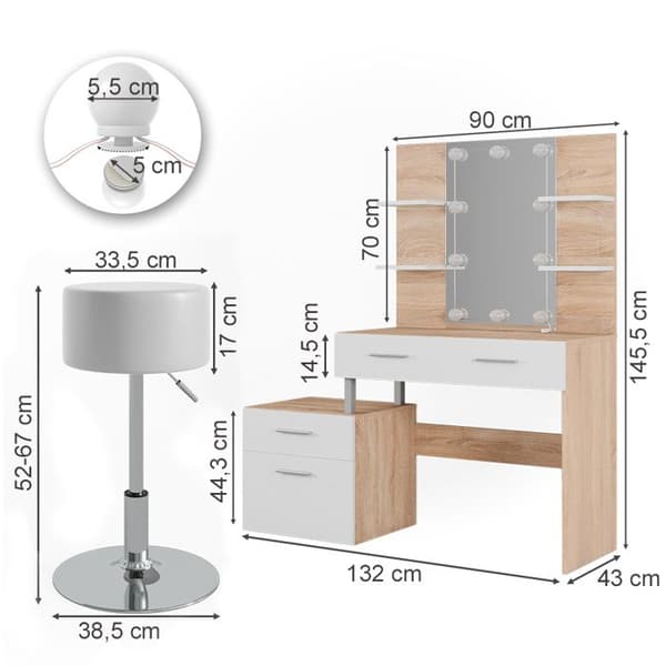 Vicco Maria sminkbord, Vit/Sonoma, 132 cm med LED-belysning och pall