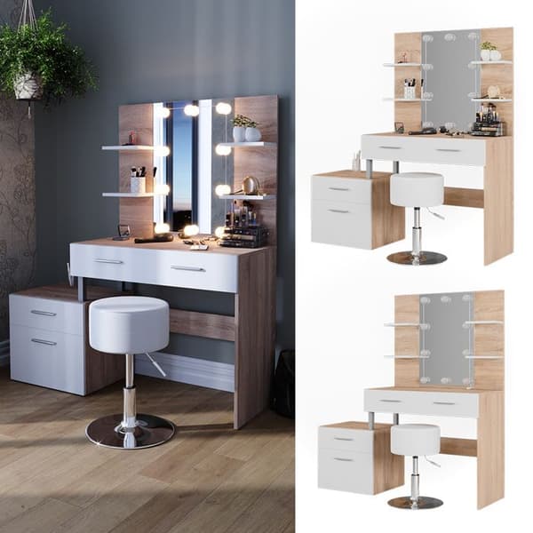 Vicco Maria sminkbord, Vit/Sonoma, 132 cm med LED-belysning och pall
