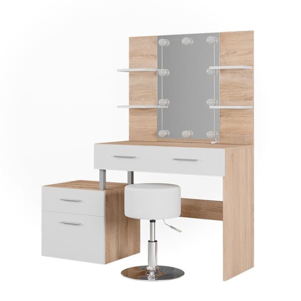 Vicco Maria sminkbord, Vit/Sonoma, 132 cm med LED-belysning och pall