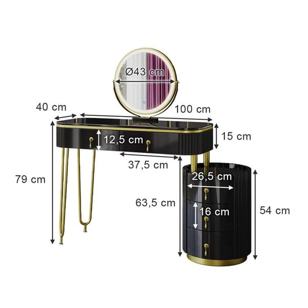 Vicco Charlène sminkbord, Svart, 100 cm med LED-spegel