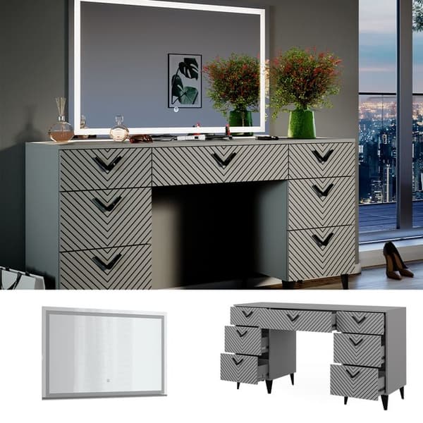 Vicco Anett sminkbord, Grå, 150 cm med LED-spegel