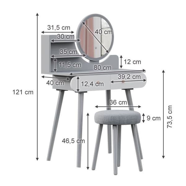Vicco Edda Sminkbord, Grå, 80 cm med LED-belysning och pall