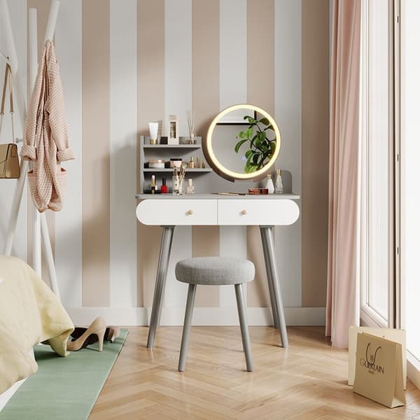Vicco Edda Sminkbord, Grå, 80 cm med LED-belysning och pall