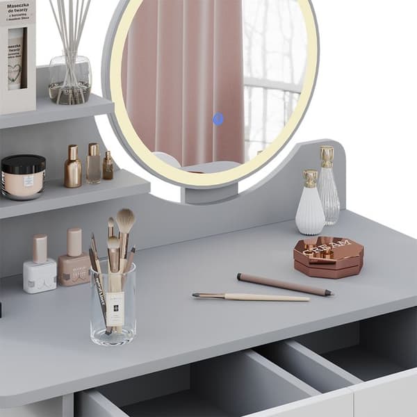 Vicco Edda Sminkbord, Grå, 80 cm med LED-belysning och pall