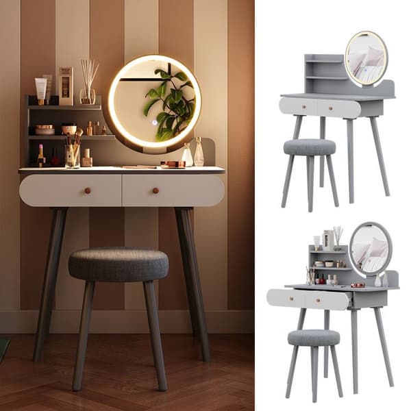 Vicco Edda Sminkbord, Grå, 80 cm med LED-belysning och pall