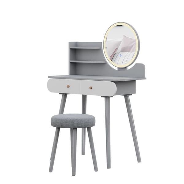 Vicco Edda Sminkbord, Grå, 80 cm med LED-belysning och pall