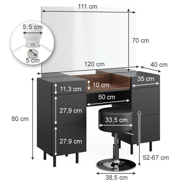 Vicco Anika sminkbord, antracit, 120 cm med LED-belysning och pall