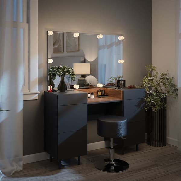 Vicco Anika sminkbord, antracit, 120 cm med LED-belysning och pall