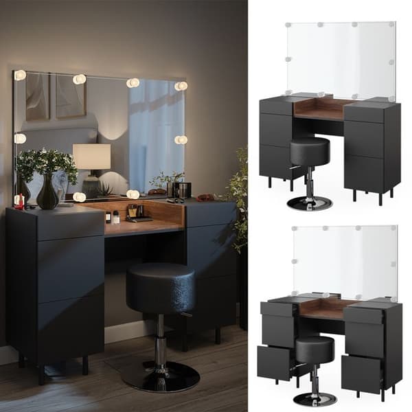 Vicco Anika sminkbord, antracit, 120 cm med LED-belysning och pall