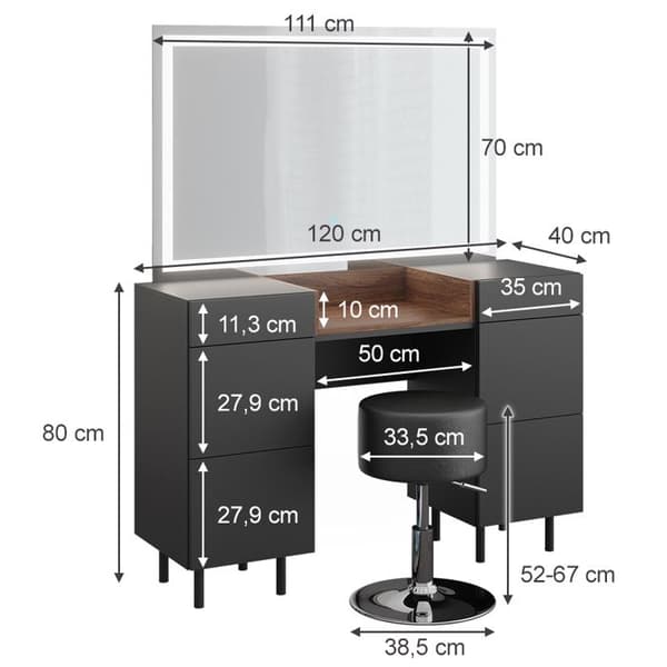 Vicco Anika sminkbord, antracit, 120 cm med LED-spegel och pall