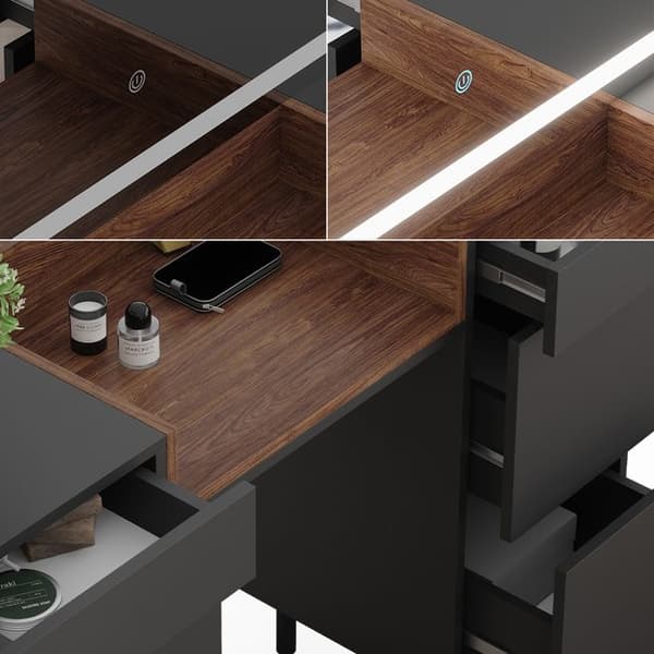 Vicco Anika sminkbord, antracit, 120 cm med LED-spegel och pall