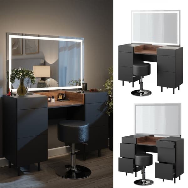 Vicco Anika sminkbord, antracit, 120 cm med LED-spegel och pall