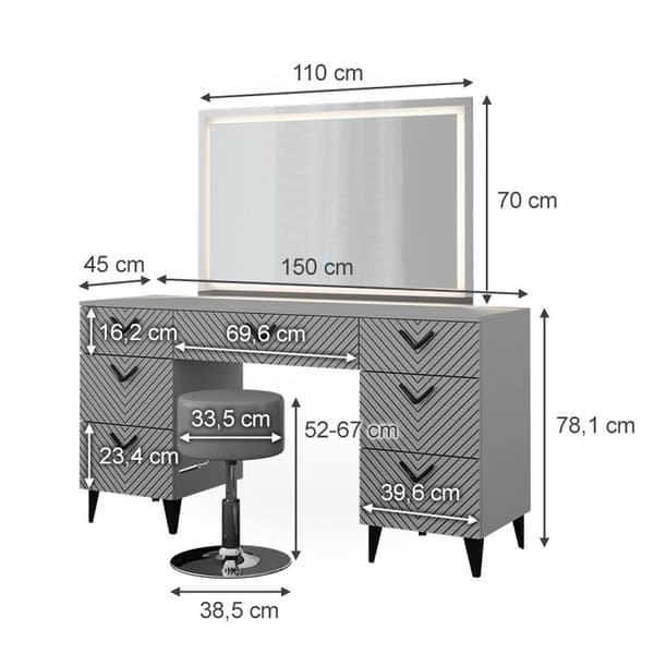 Vicco Anett sminkbord, Grå, 150 cm med LED-spegel och pall