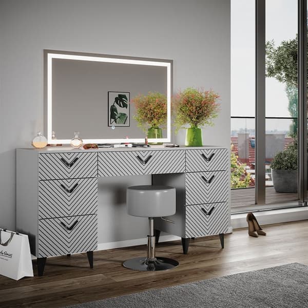 Vicco Anett sminkbord, Grå, 150 cm med LED-spegel och pall